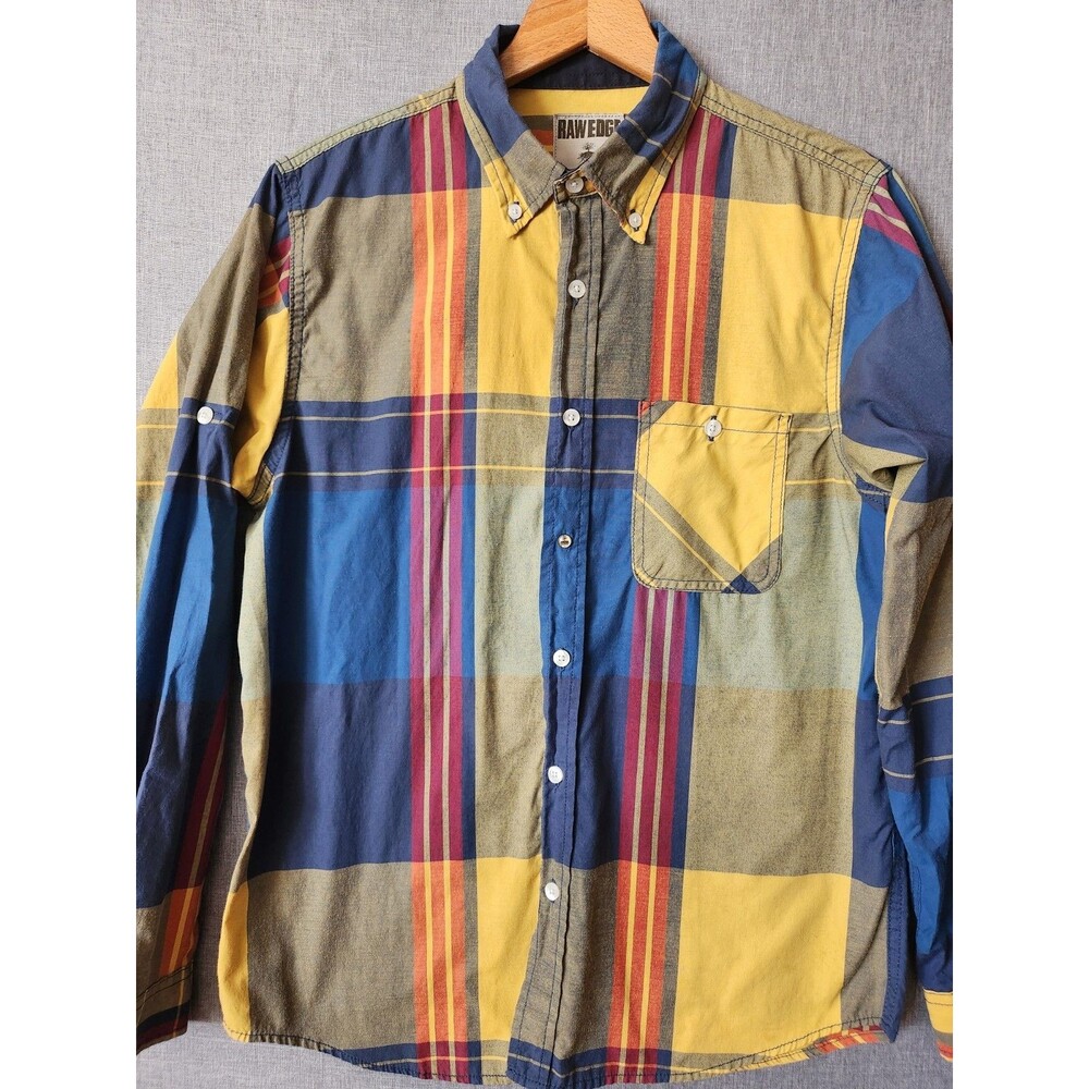 Raw Edge Button Up Shirt Size S Bright Plaid Pearl Snap Logo Skater Grunge